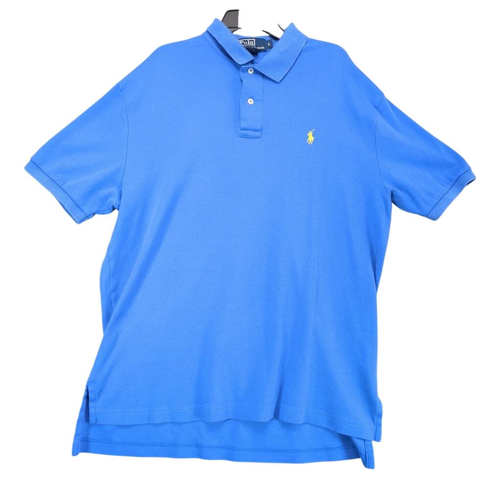 Vtg Polo Ralph Lauren Blue Polo Shirt Men's L Short Sleeve Yellow Pony 80s 90s